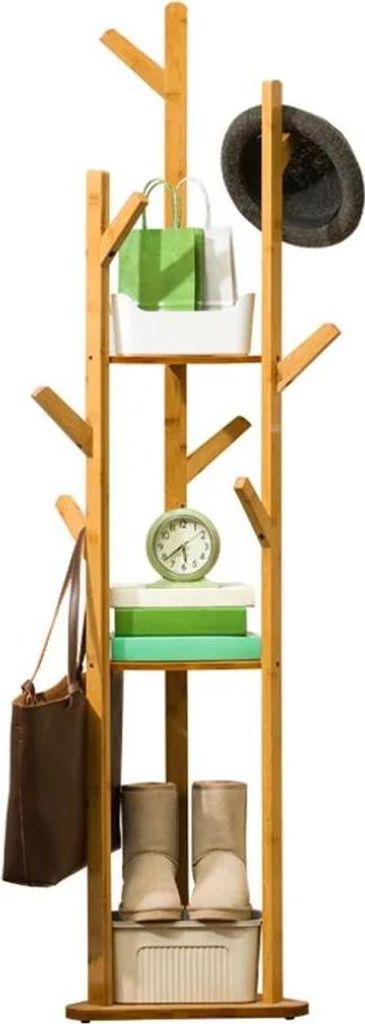 Holz Garderobenständer - Kleiderständer mit Haken und Ablagen - 165 cm Höhe - Für Mantel Jacke Hut Tasche - Badezimmer