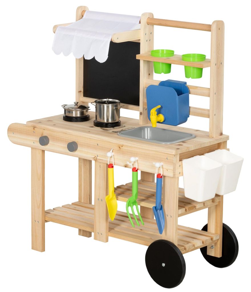 Matschküche Kinder Outdoor, Spielküche aus Holz mit echtem Wasserhahn, Spüle, Herd, Ablagefach, Wassertank, Naturholz