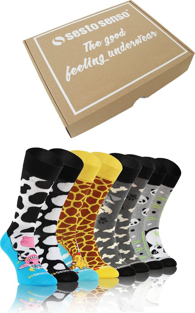 Sesto Senso Happy Socken Geschenkbox Uni – Bunte Baumwollsocken mit Tieren 39-42, 4er-Pack
