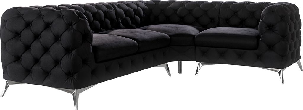 S-STYLE MÖBEL - Chesterfield Ecksofa Cleo mit Silber Metall Füßen aus Schwarz Samtstoff, Ottomane rechts, B/T/H: 264 cm / 204 cm/ 75 cm