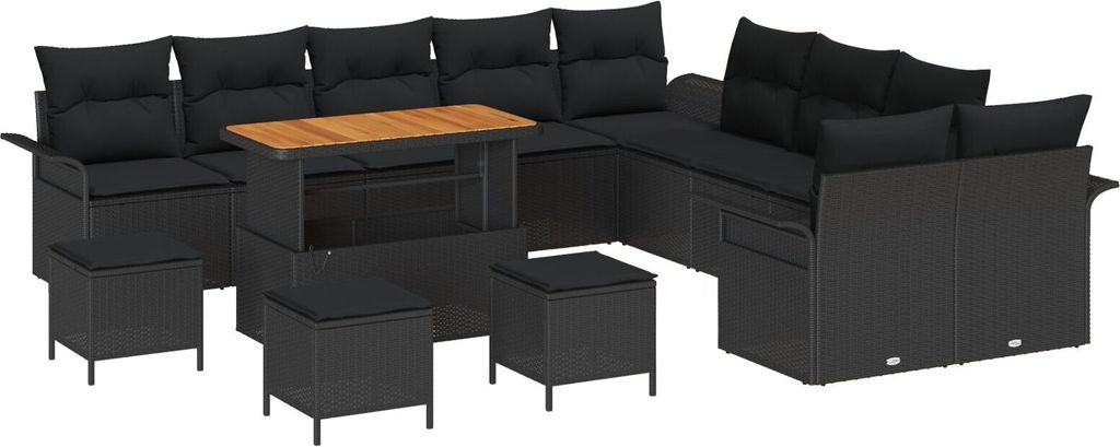 Möbel 14-teiliges Garten-Sofa-Set mit Kissen Schwarz Poly-Rattan Akazie, 2-Sitzer Garten-Sofa mit Kissen Schwarz Poly-Rattan, 4-teiliges Garten-Di...