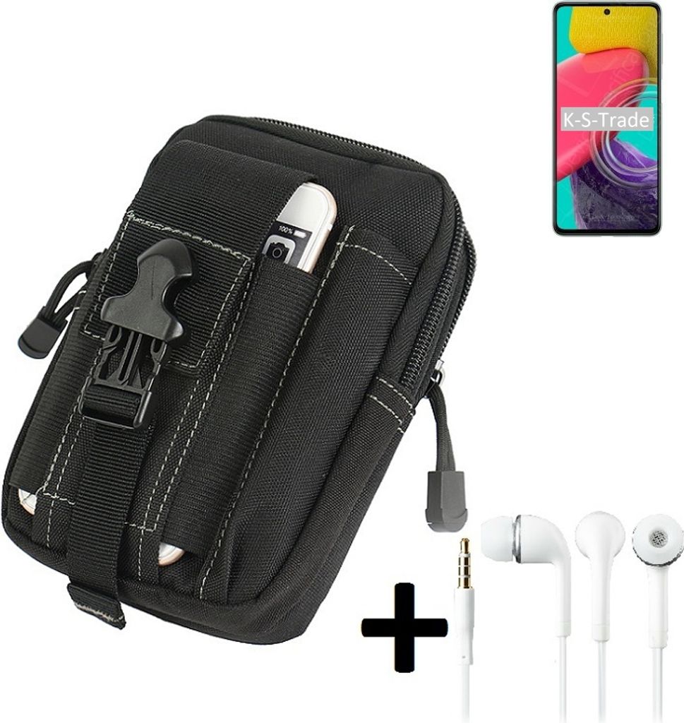 K-S-Trade Gürteltache + Kopfhörer kompatibel mit Samsung Galaxy M53 5G Gürtel Tasche Holster Schutz Hülle Handy Hülle schwarz inkl. Extrafächer