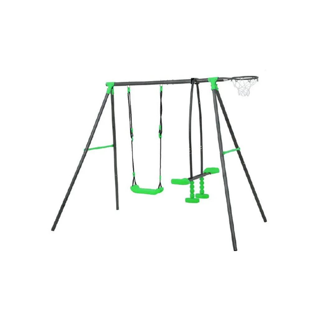 4iQ Grande parco giochi in metallo per bambini ALEKS con seggiolino, doppia altalena e canestro da basket Verde chiaro