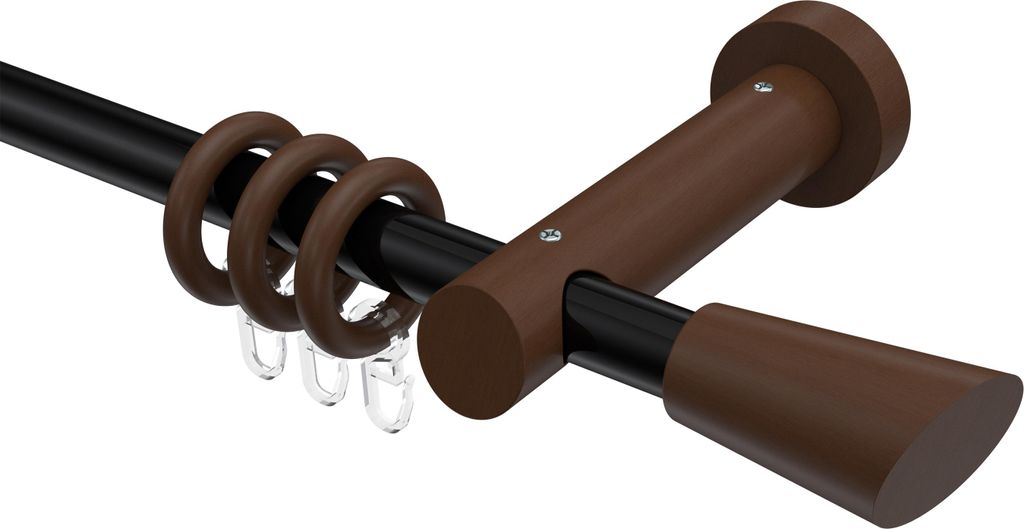 Interdeco Gardinenstange / Vorhangstange Schwarz / Nussbaum lackiert, Typ Talena Bero (Konus Schräge), 20 mm Ø 1-läufig, 320 cm