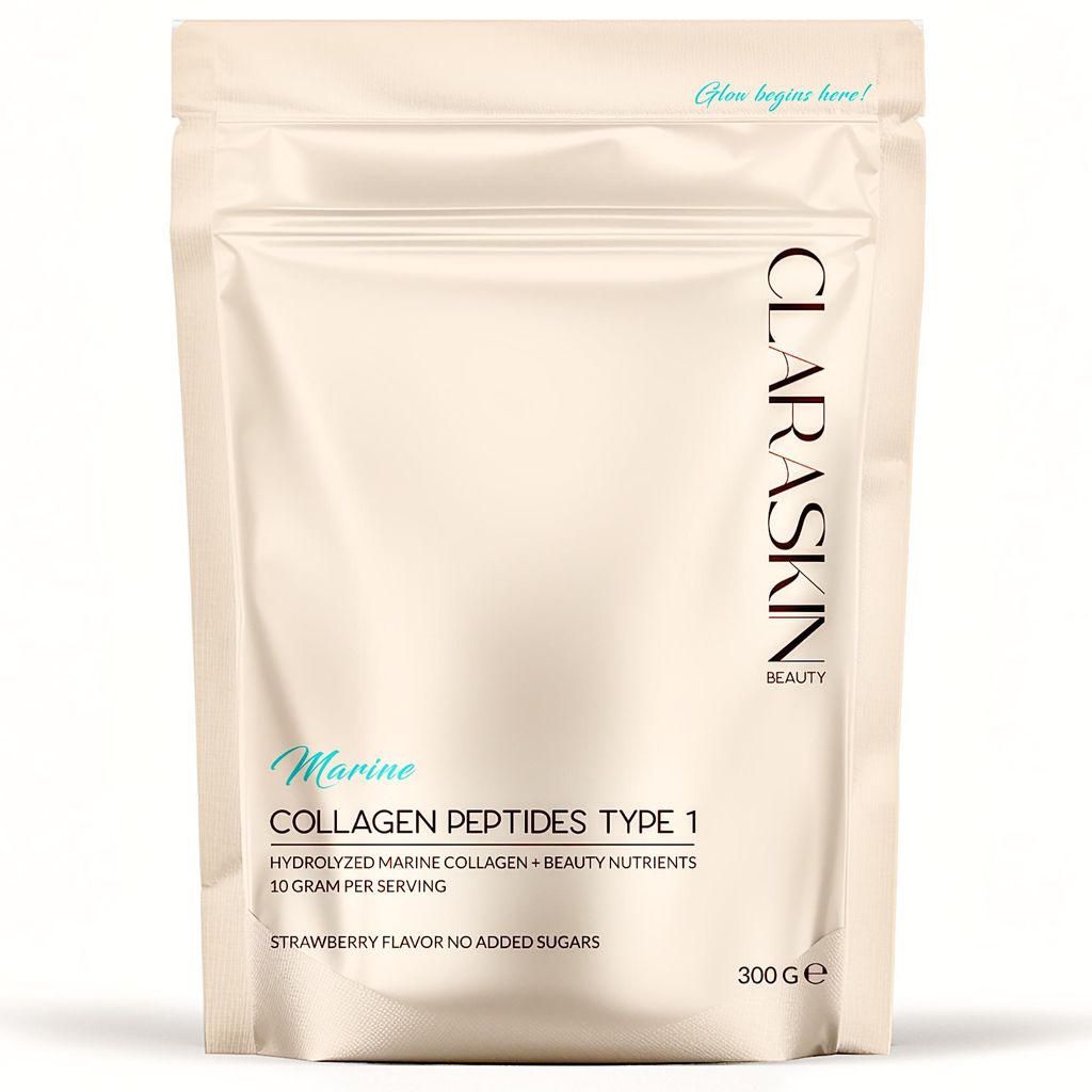 CLARASKIN | Hydrolysiertes Marine-Kollagen Typ I – 300 g | Beauty Blend | Fischkollagen, Vitamin C, Hyaluronsäure, Zink, Biotin, Selen | Erdbe...