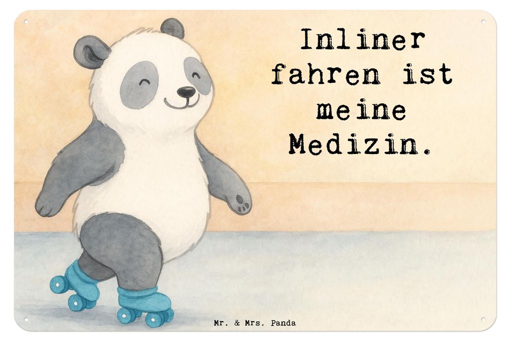 Mr. & Mrs. Panda tafel Panda Inliner fahren Design DIN A3 - Weiß - Geschenk, Retro Blechschild, Schild, Blechtafel, Rollschuh, Wandbild, wandtafel...