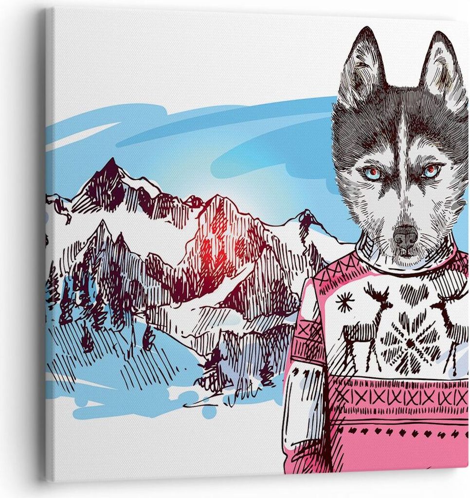 Bild auf Leinwand - Leinwandbild - Husky Berg Kinder Mode - 40x40cm - Wand Bild - Wanddeko - Leinwanddruck - Bilder - Kunstdruck - Wanddekoration -...