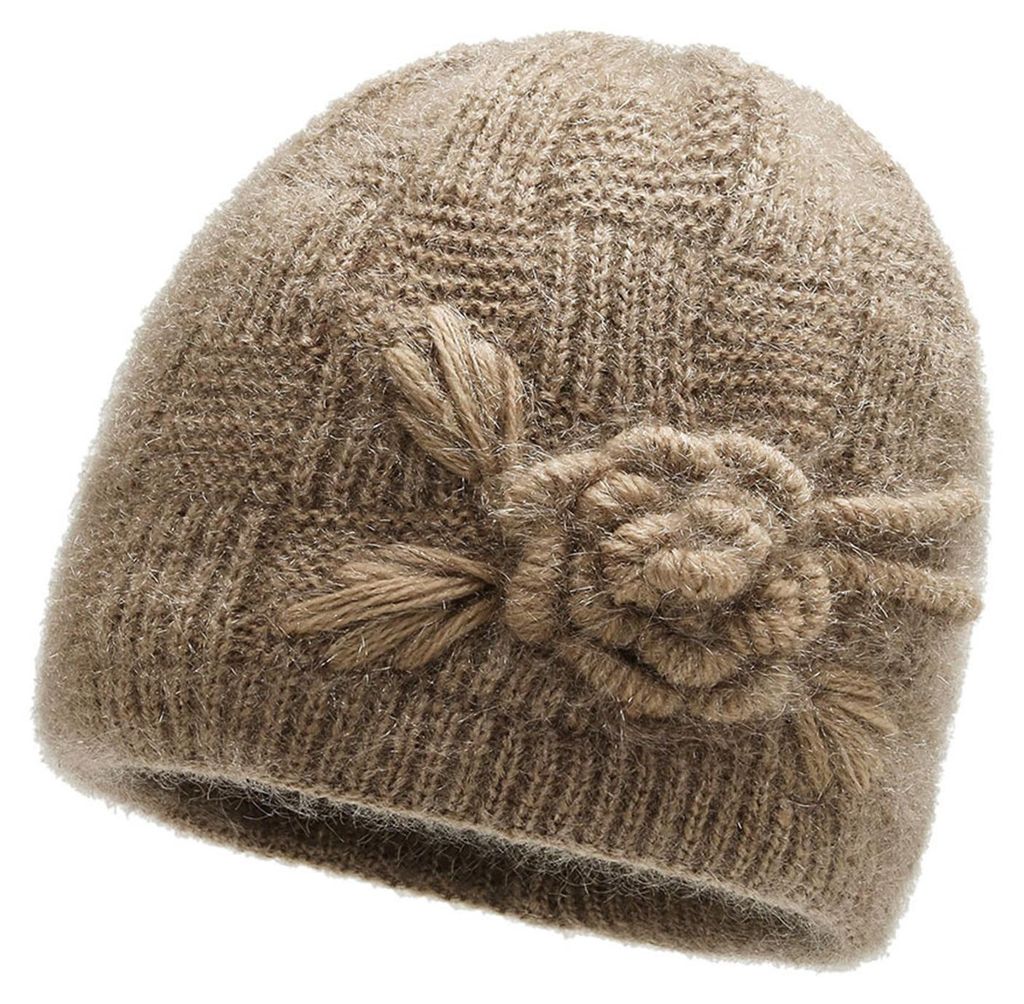 Herbst/Winter Damen Strickmütze mit Blumenmuster, einfarbig, randlos, gewölbt, winddicht, mit dickem Plüschfutter, Streetwear-Stil