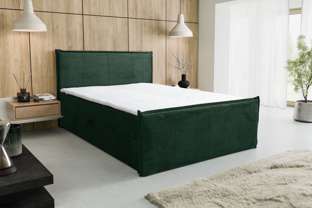 VENASI VANESSA Boxspringbett 140x200 mit 2 Bettkasten H2/H3 Matratze GRÜN CORD Lincoln 39