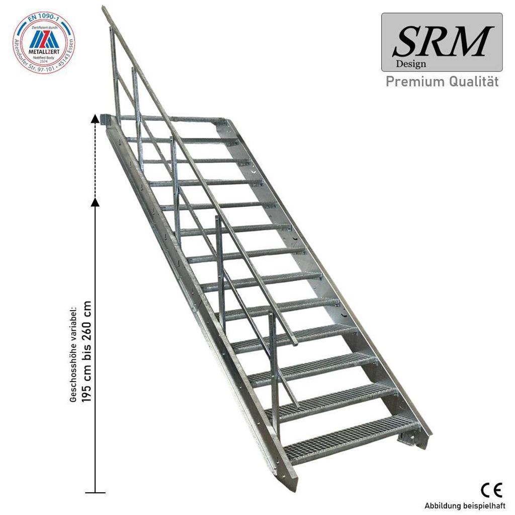 13 Stufen Stahltreppe STATIK 110 cm Stufenbreite, Geschosshöhe 195 - 260 cm, 1x Geländer Rund
