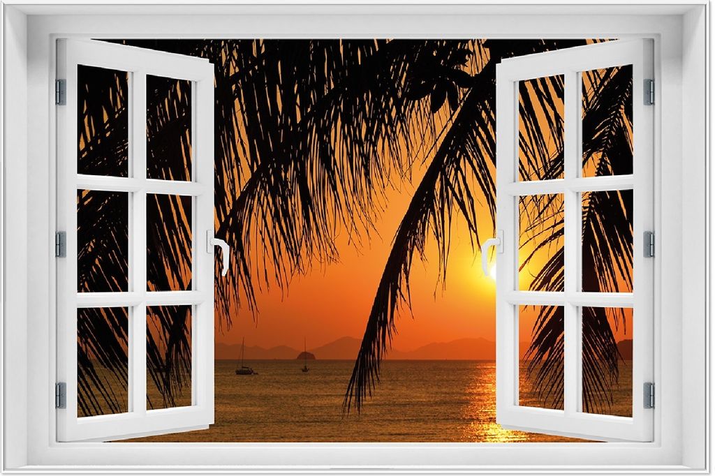 Wallario Wandbild mit Fenster-Illusion: Sonnenuntergang unter Palmenblättern, Größe: 61 x 91,5 cm, Poster mit weißem Aluminiumrahmen