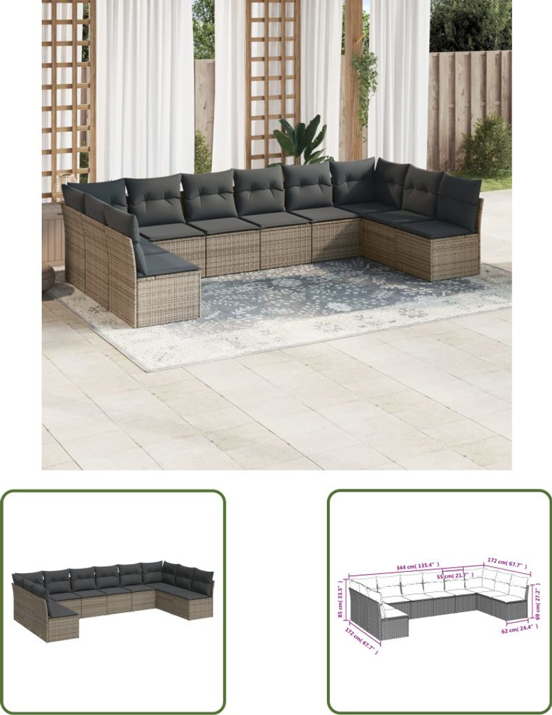 The Living Store 10-tlg. Garten-Sofagarnitur mit Kissen Grau Poly Rattan