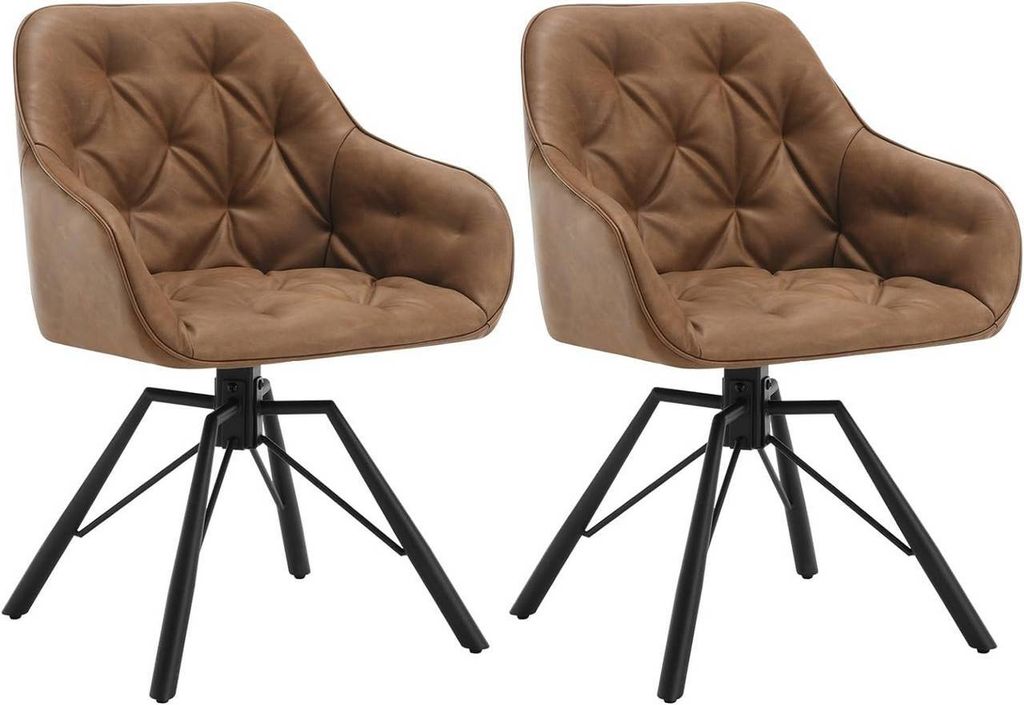 Two brown upholstered chairs with black metal legs on a white background.