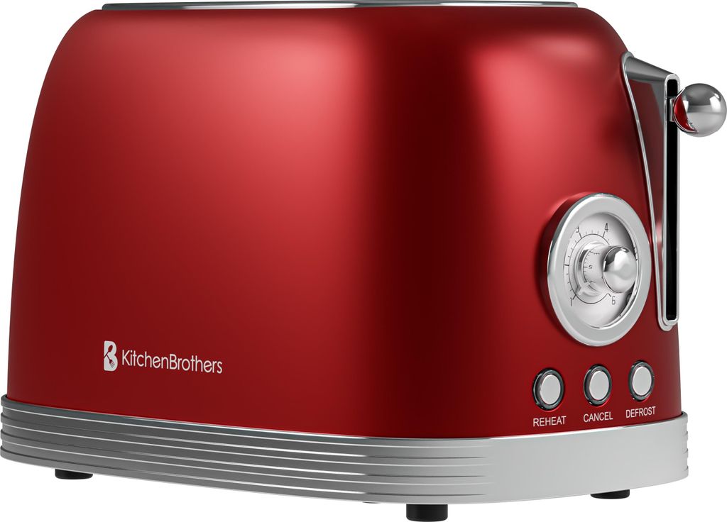 KitchenBrothers Retro Toaster - Toaster - 6 Bräunungsstufen - 2 Extra Breite Schlitze - 815W - Rot