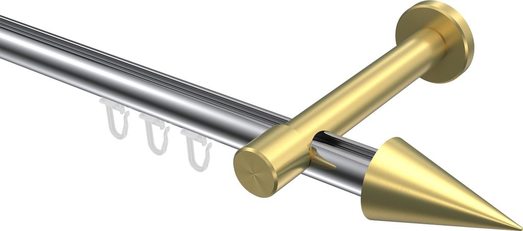 Interdeco Innenlaufstange / Gardinenstange mit Innenlauf Chrom / Messing-Optik, Typ Prestige Savio (Kegel), 20 mm Ø 1-läufig, 320 cm