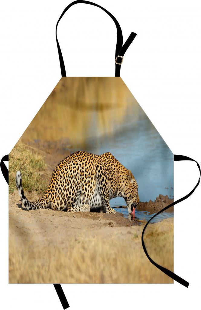 ABAKUHAUS Safari Kochschürze, Leopard-Panther, der am Waterhole Wilden südafrikanischen Tierdoku-Druck trinkt, Farbfest Höhenverstellbar Waschba...