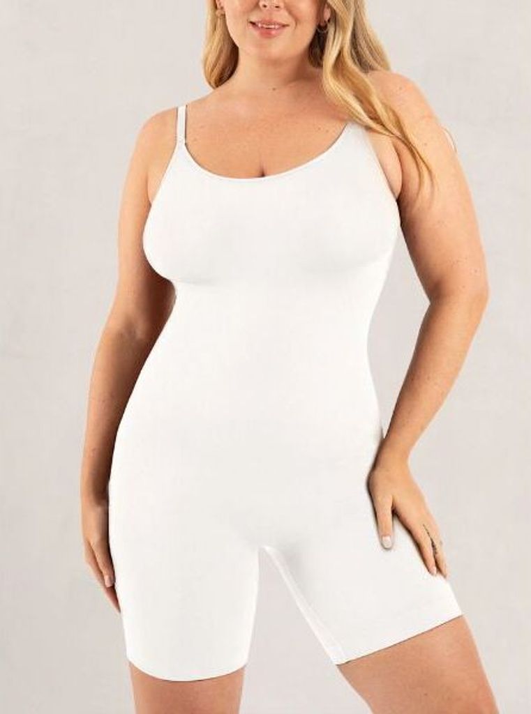 Damen Bodysuit Größe 2XL aus Nylon mit Rundhalsausschnitt und halbem Oberschenkel, Figurformender Body für den Alltag - MIDSUIT Weiß