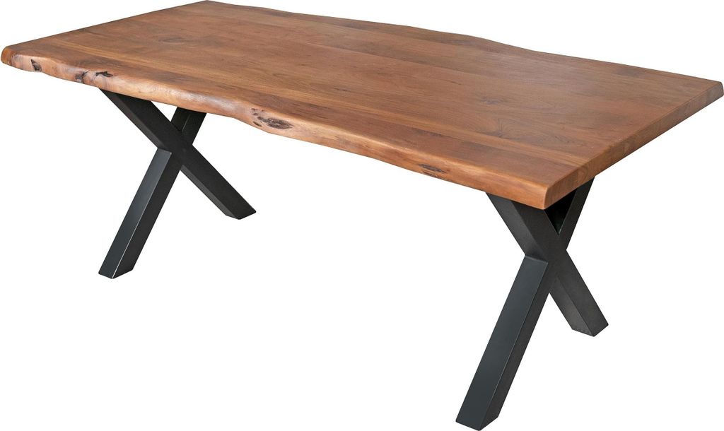 Esstisch 220 x 110 cm Cali, Baumkantentisch nussbaumfarben, Akazienholz massiv, X-Gestell aus Metall Schwarz