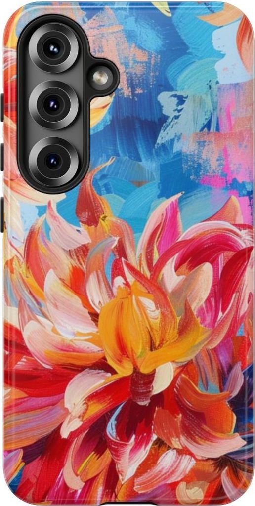 Leuchtende Dahlien auf abstraktem blauem Hintergrund – Hülle Kompatibel mit Samsung Galaxy S25