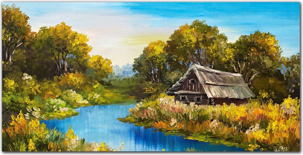 Coloray - Bild aus Glas - 120x60 cm - wanddekoration Küche glasblock mit bild Dekoration wohnzimmer gehärtetes Glas - Wald Fluss Himmel Hütte