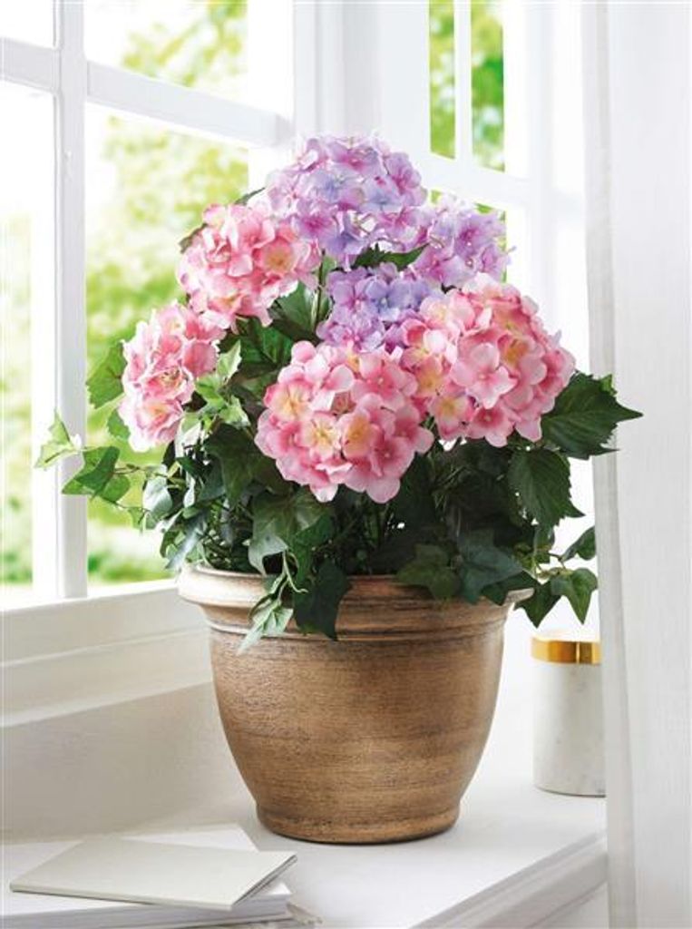 Kunstpflanze Hortensie goldener Topf 55cm – Dekopflanze