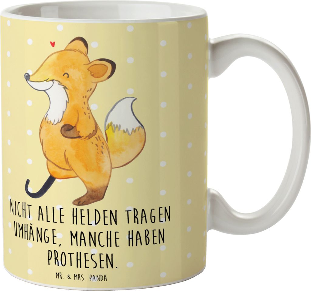 Mr. & Mrs. Panda Becher Fuchs Beinprothese - Gelb Pastell - Geschenk, Trinkbecher, Pott, Kaffeebecher, Teetasse, Kaffeetasse, Tasse, Amputation, Be...