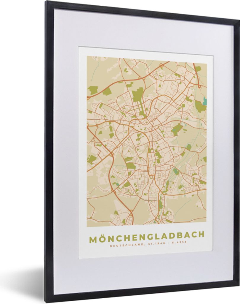 MuchoWow Gerahmtes Poster Karte - Mönchengladbach - Jahrgang - Karte 30x40 cm - Poster mit Schwarzem Bilderrahmen Wandposter Rahmen Foto Bilder ...