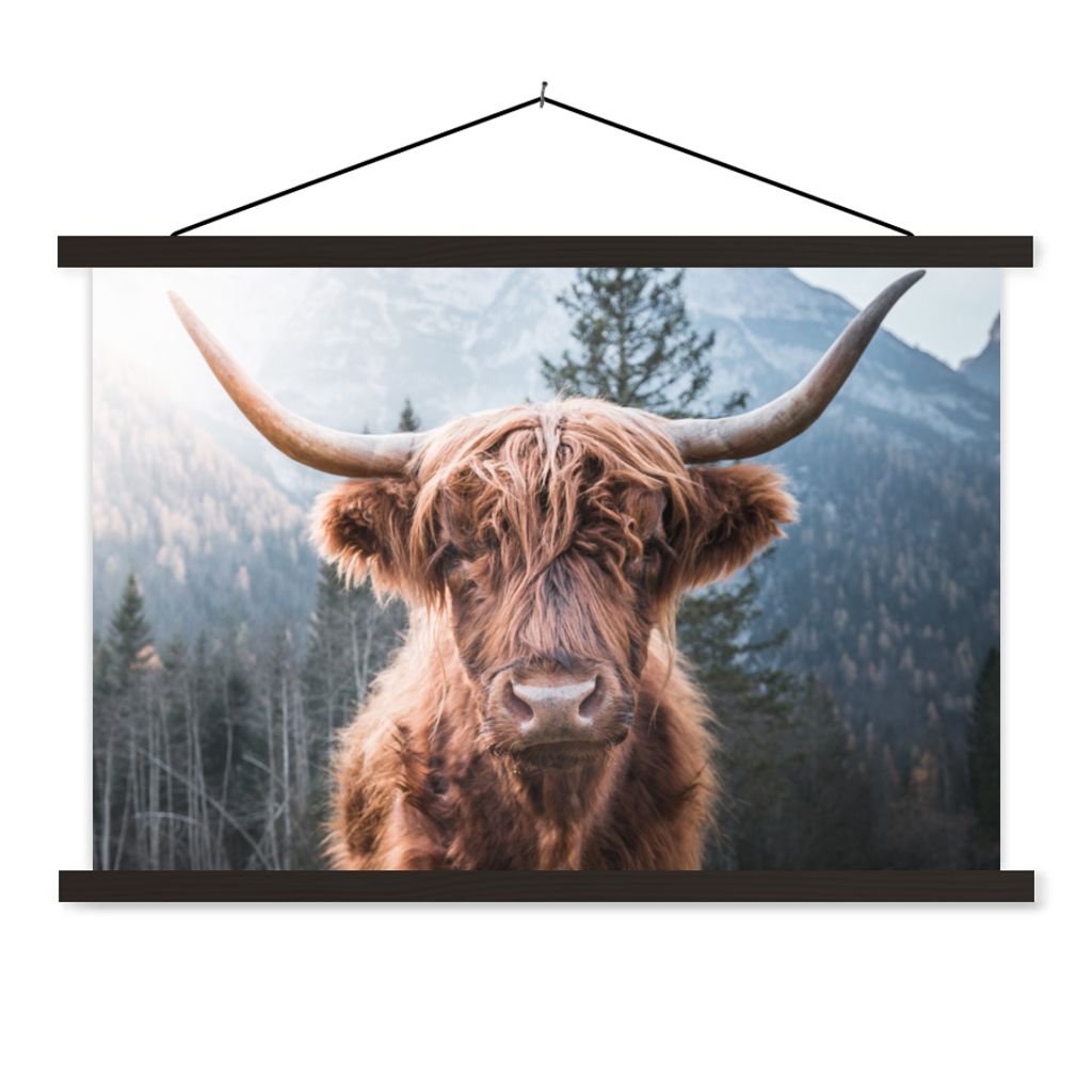 MuchoWow Textilposter Schottischer Hochländer - Kuh - Tiere - Berg - Natur 90x60 cm mit schwarzem Rahmen - Aufhängungssatz
