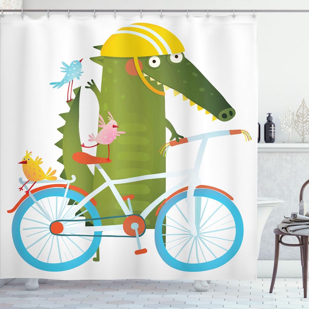 ABAKUHAUS Komisch Duschvorhang, Vögel Freunde Fahrrad Struzhelm Cartoon Zeichnung Niedliche Tropische Tiere Muster, 175 x 220 cm, Mehrfarbig