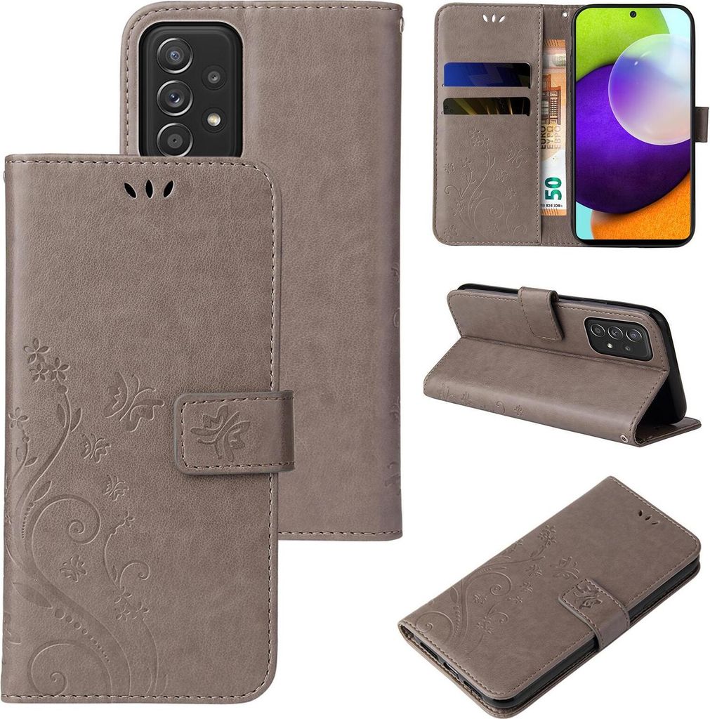 Handyhülle für Samsung Galaxy A52 / A52 5G / A52s 5G Floral Blumen Schmetterling Flip Cover Hülle Case Klapphülle Handytasche Farbe: Grau