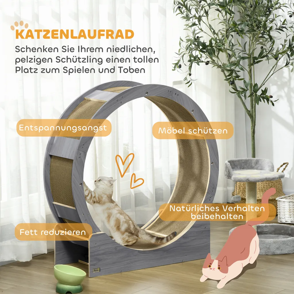 Roue de Course pour Chat 91cm et Griffoir Intégré - Accessoire Gris