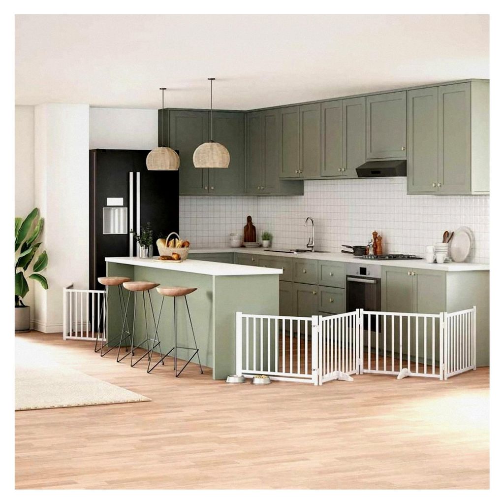 8-teiliges Hundetor mit Tür, faltbar, Weiß, 640 cm, Pappelholz, modulares Haustiertor für Zimmer, Durchgänge und Korridore für kleine Tiere wi...