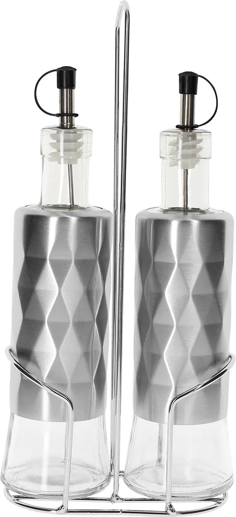Cheffinger, bottiglie per olio e aceto in acciaio inox 2x320ml con supporto Robusto, argento