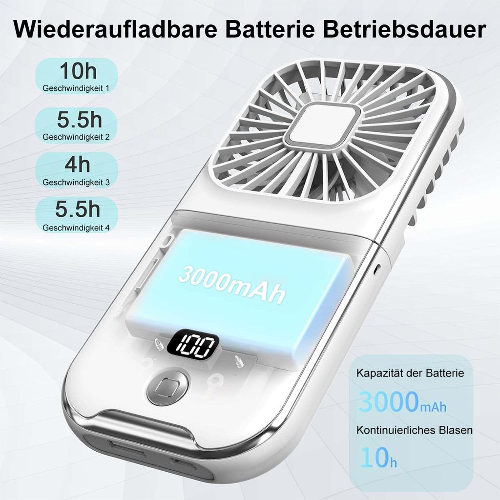 A white handheld fan with text overlays and graphics illustrating its battery life and capacity.