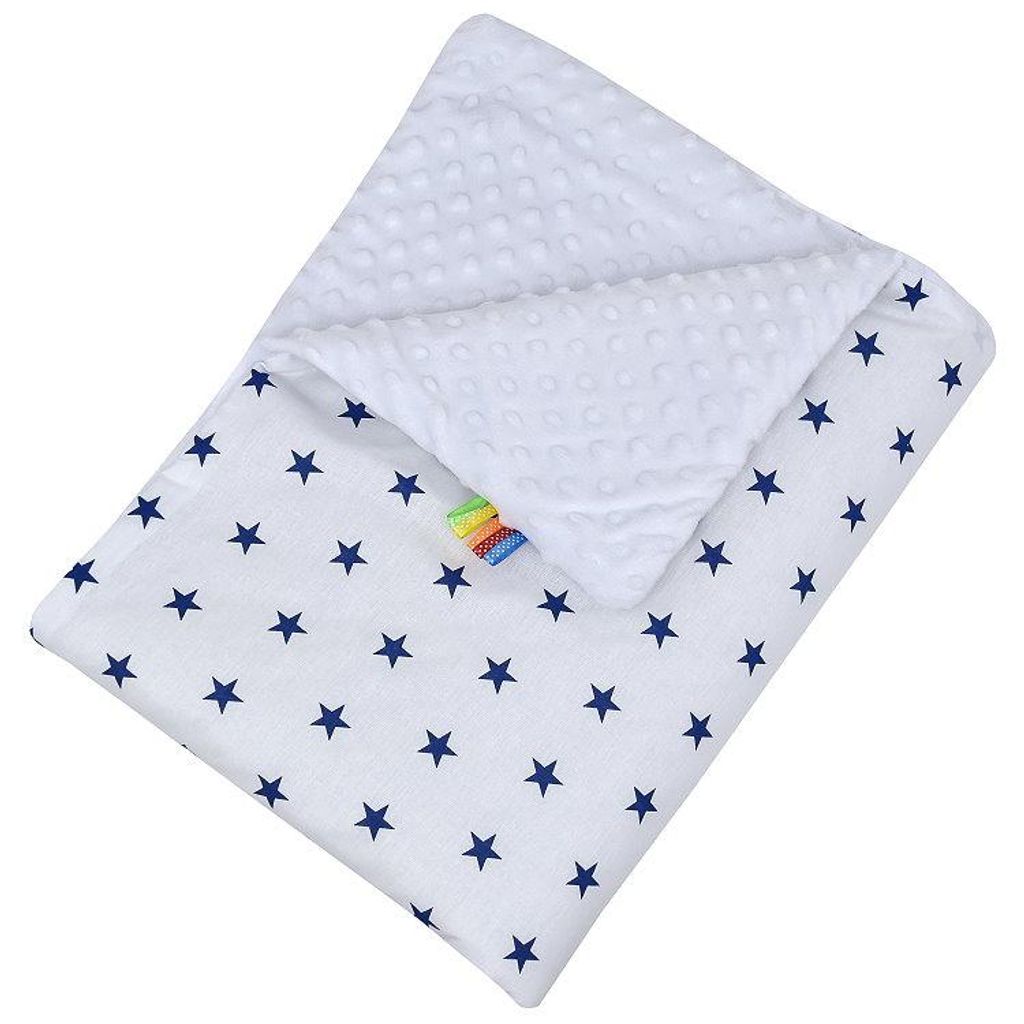 Babydecke Minky Kuscheldecke für Babys 75x100 cm Baumwolle Kinderwagen Krabbeldecke Blue Stars - weiß