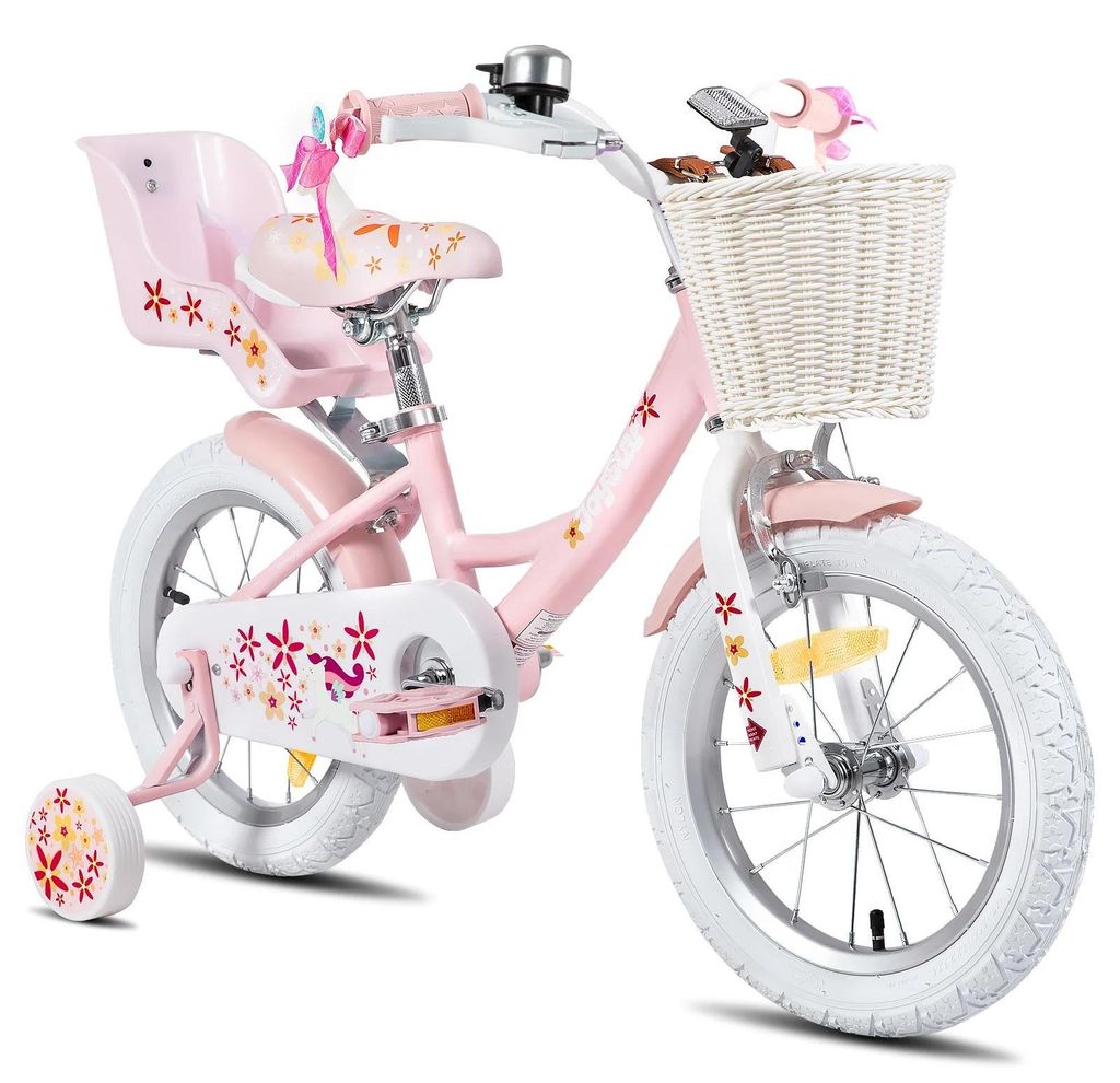 Kinderfahrrad Mädchen - 40 cm Fahrrad - Mit Stützrädern - Korb und Puppensitz - Lenkerbänder - Für Kinder von 2–9 Jahren - Rosa