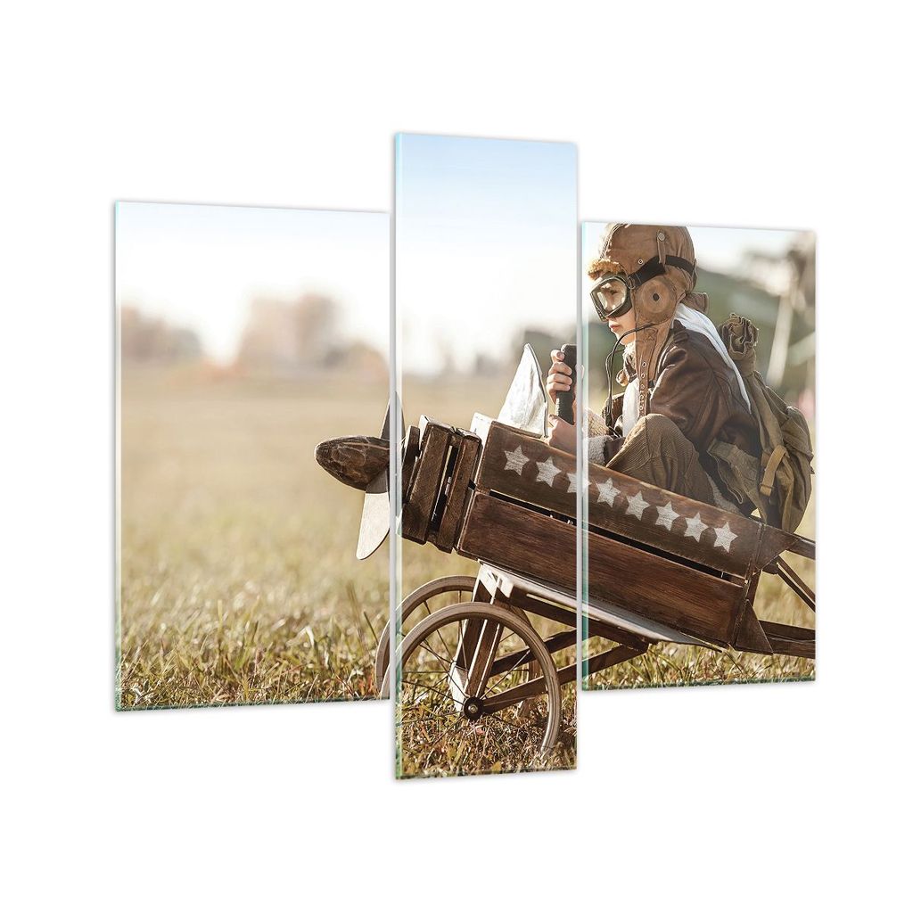 Bilder auf glas - 3 Teile - Kindheit Flugzeug Spielzeug - 95x80cm - Glasbilder - Wandbilder - Bilder - zum Aufhängen bereit - Wanddekoration aus G...