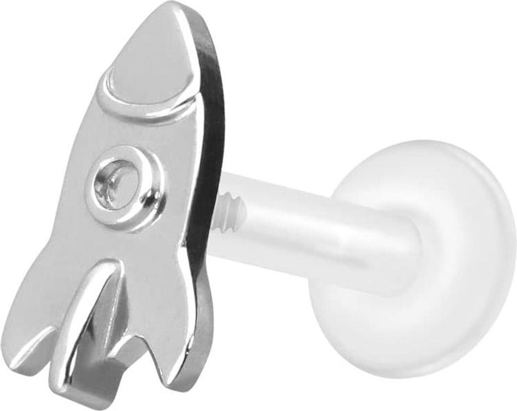 Ohrpiercing, Nasenpiercing PTFE Labret mit Innengewinde + Titan-Aufsatz RAKETE Silber Stablänge: 7mm | Stabstärke: 1,6mm