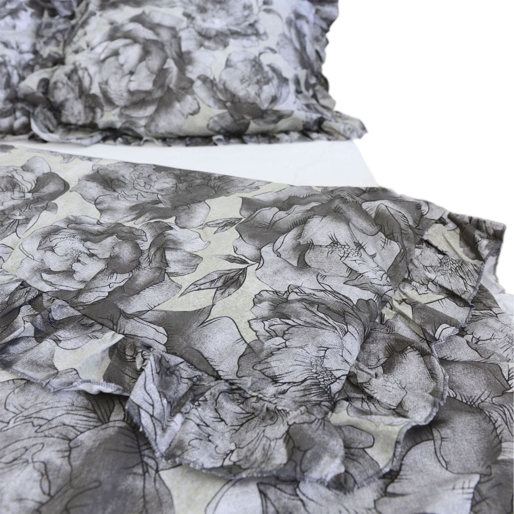 Baumwolle Bettwäsche Mit Rüschen Set Schlafzimmer Bettdeckenbezug 160X200 Cm + 2 Kissenbezüge 70X80 Cm Grau-Blumen