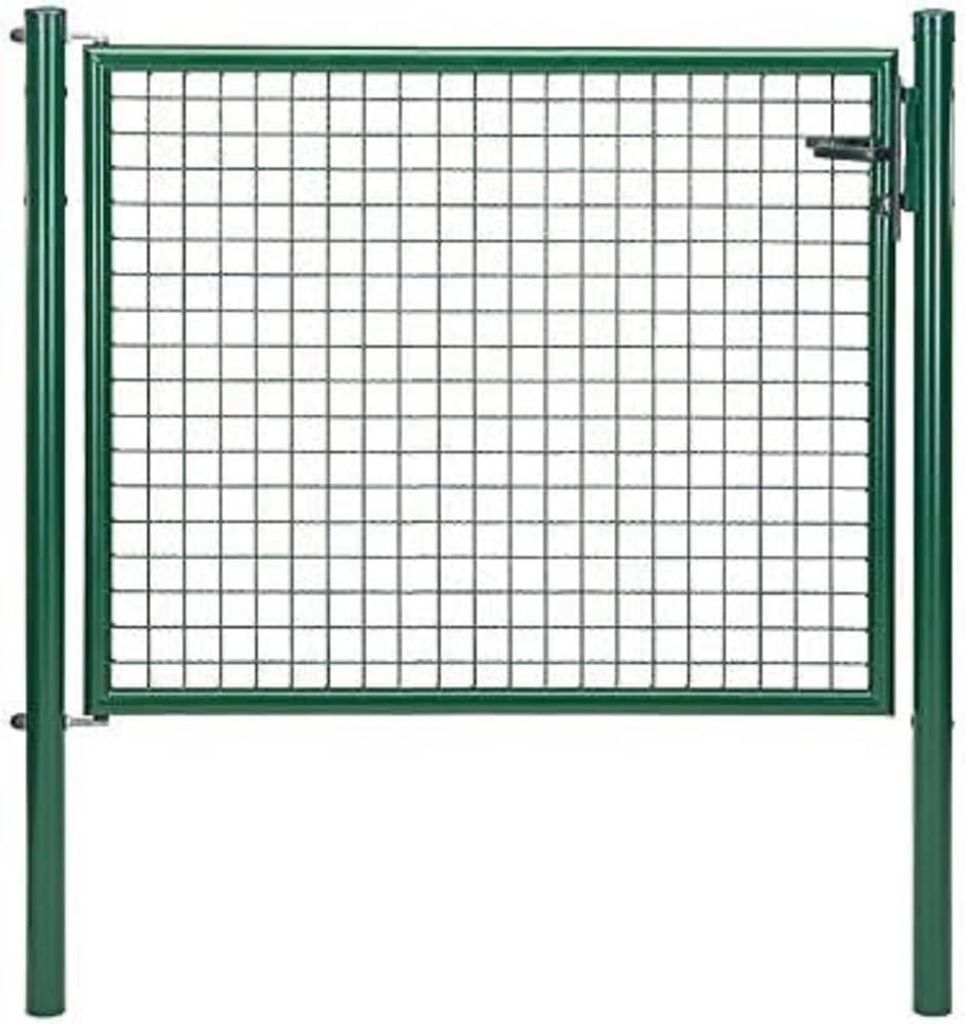 A green metal garden gate with a wire mesh infill, shown in a studio setting against a white background.