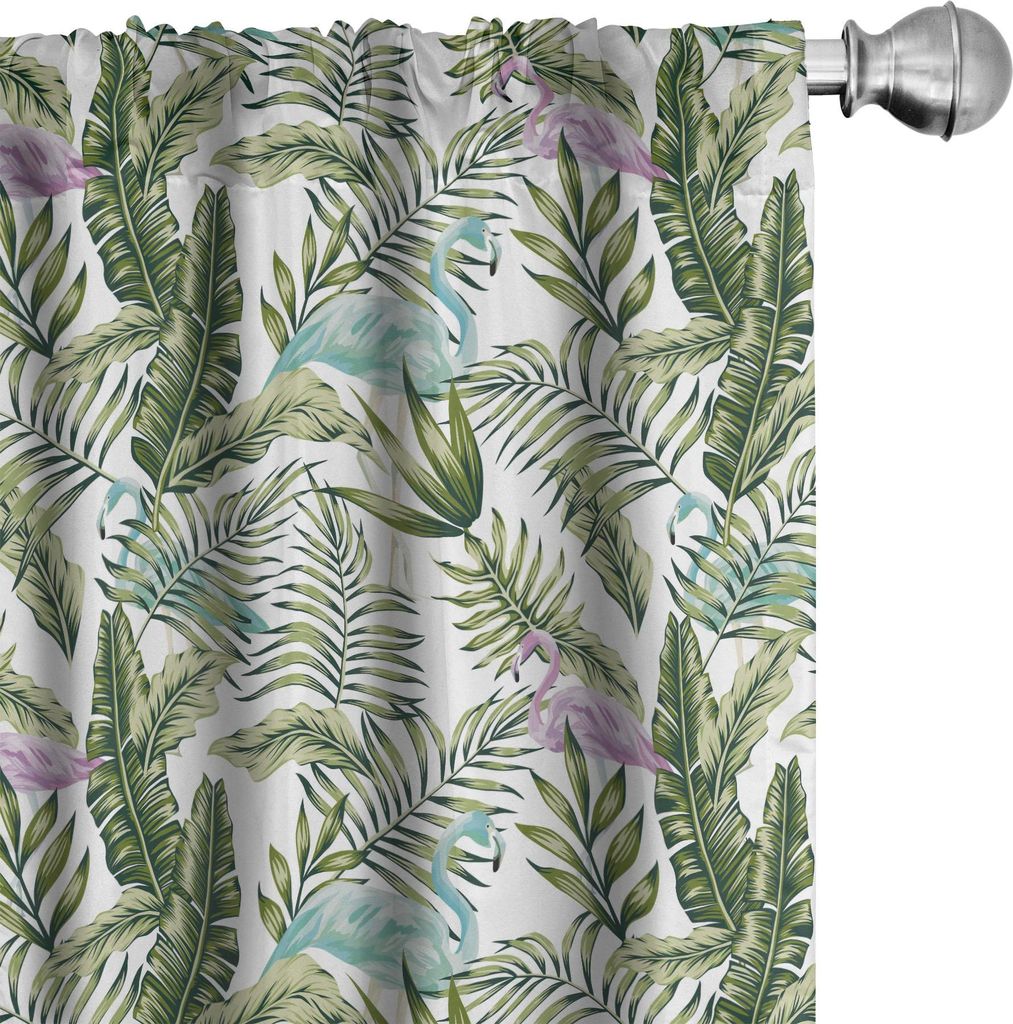 ABAKUHAUS Tropisch Vorhänge, Gardinen, Zusammensetzung der Dschungel-Palmblätter und exotischen Flamingos, 2 Stück 75 x 245 cm, Olivgrün Mehrfa...