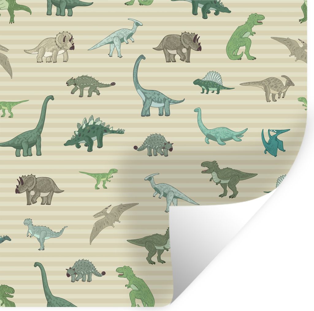 MuchoWow Wandtattoo Wandsticker Wandaufkleber Dinosaurier - Braun - Grün - Jungen - Mädchen - Kinder 100x100 cm Selbstklebend und Repositionier...