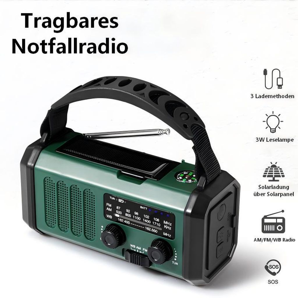 AIORBER Notfallradio AM/FM/WB mit Solar & Kurbel, 10000mAh Akku, LED Taschenlampe, SOS Alarm, Outdoor Camping Radio – Grün