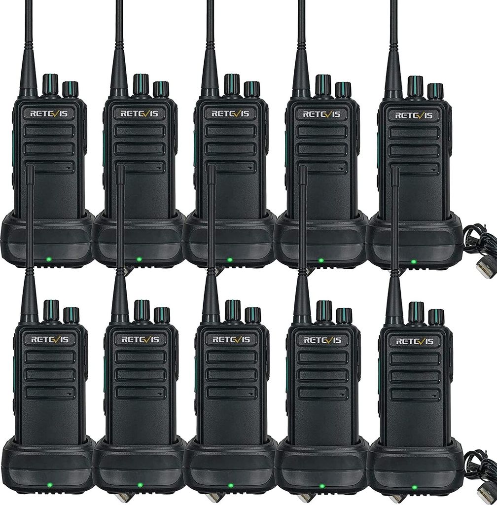 A collection of ten black walkie-talkies arranged in two rows on a white background.