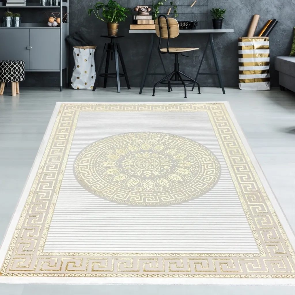 Tapis antitache brillant blanc et or 160x230 cm : luxe sans entretien