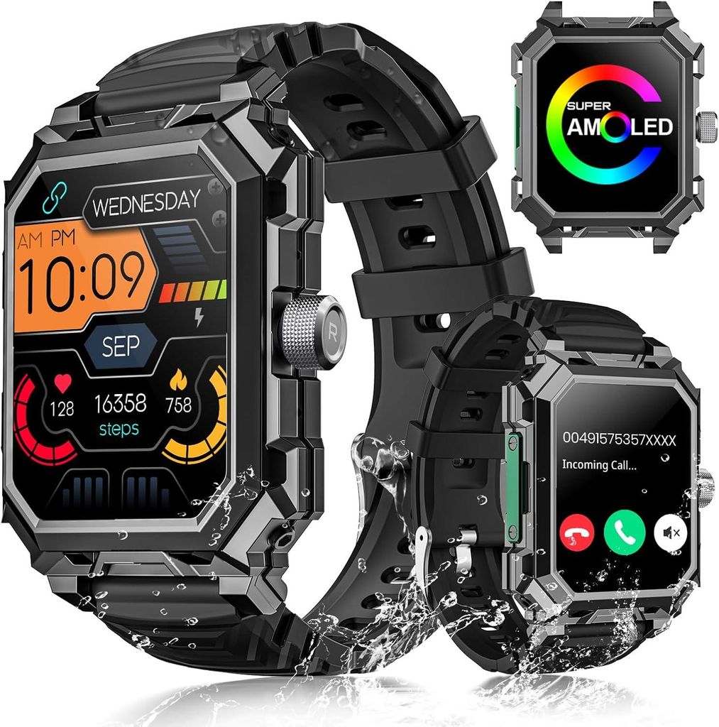 Rogbid Herren Smartwatch 2.06 Inch AMOLED Militär Outdoor Fitnessuhr IP69 710 mAh Akku 120 Sportmodi Telefonfunktion Herzfrequenz Schlafmonitor