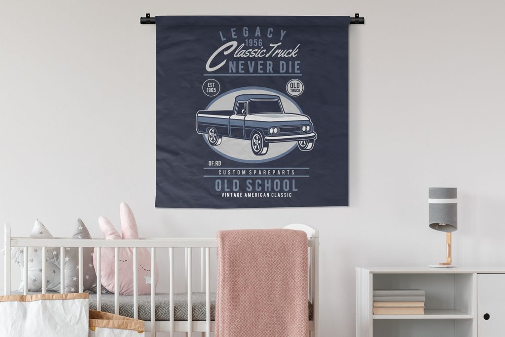 MuchoWow Wandteppich Wandbehang Auto - Blau - Retro - Zeichnung 90x90 cm Tapisserie Dekoration Wandtuch - Wandaufhänger
