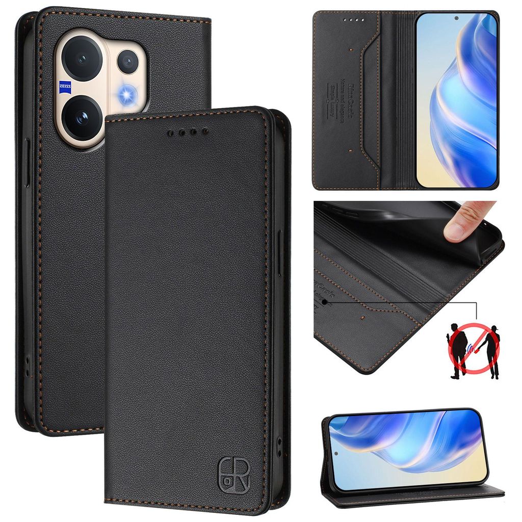 Lederhülle für vivo V60 Hülle Flip Brieftasche Kartenfächern Ständer Schutzhülle Schwarz