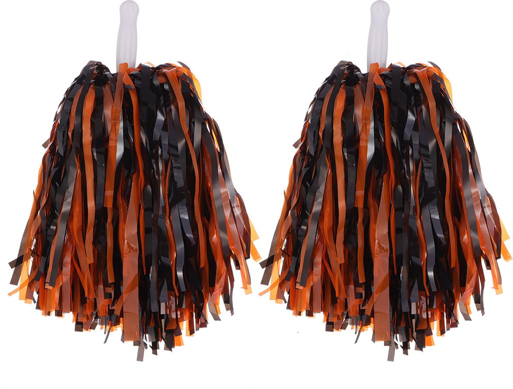 2 Stück Cheerleader-Pom-Poms aus Metallicfolie, Cheerleader-Pom-Poms, Handblumen mit Griff für Sportwettbewerbe, Feiern, Orange und Schwarz