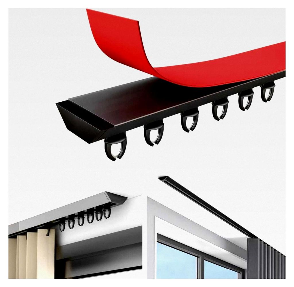 Selbstklebende Vorhangschiene 120 cm Aluminium-Gardinenstange mit Haken, geeignet für Fenster, Raumteiler, Duschen, Schränke (schwarz)
